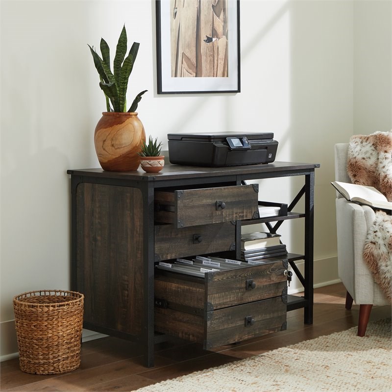 Sauder Steel River Small Credenza in Engineered Wood-Carbon Oak