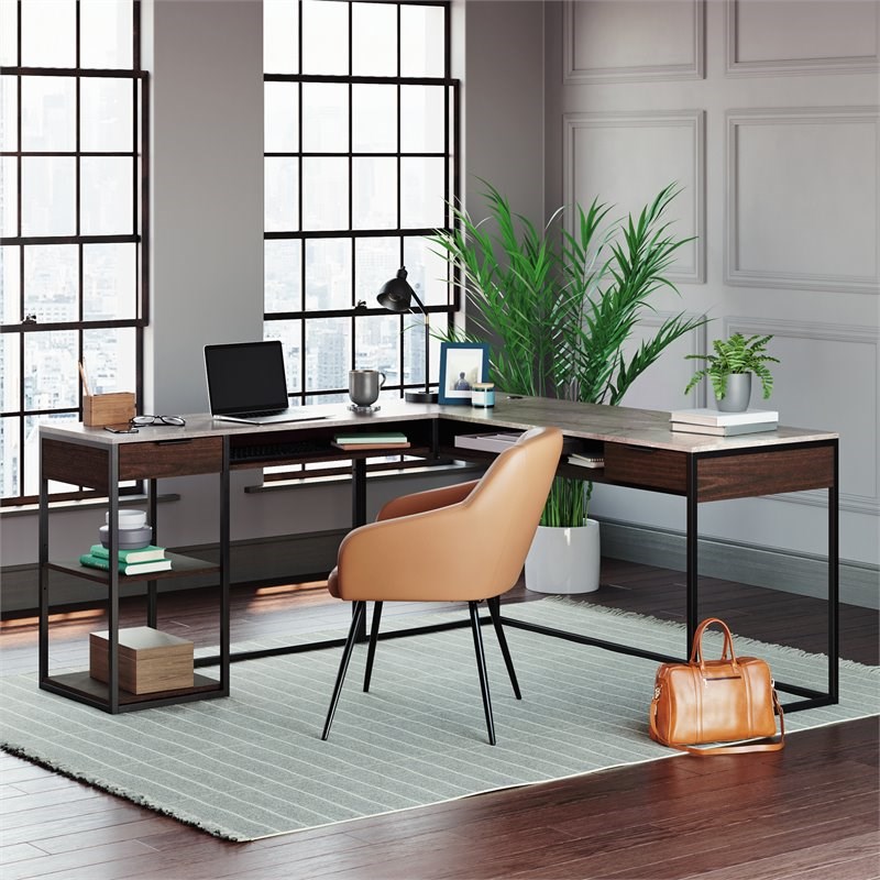 Sauder International Lux Engineered Wood L-Shape Desk in Deco Stone Gray