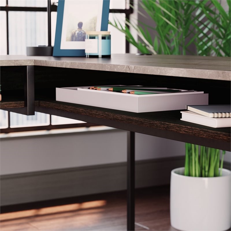 Sauder International Lux Engineered Wood L-Shape Desk in Deco Stone Gray