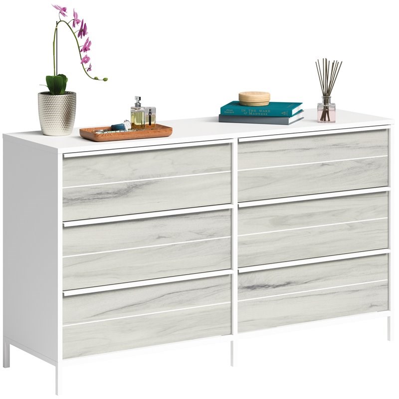 Boulevard Cafe Engineered Wood 6-Drawer Dresser in White/Haze Acacia Accents