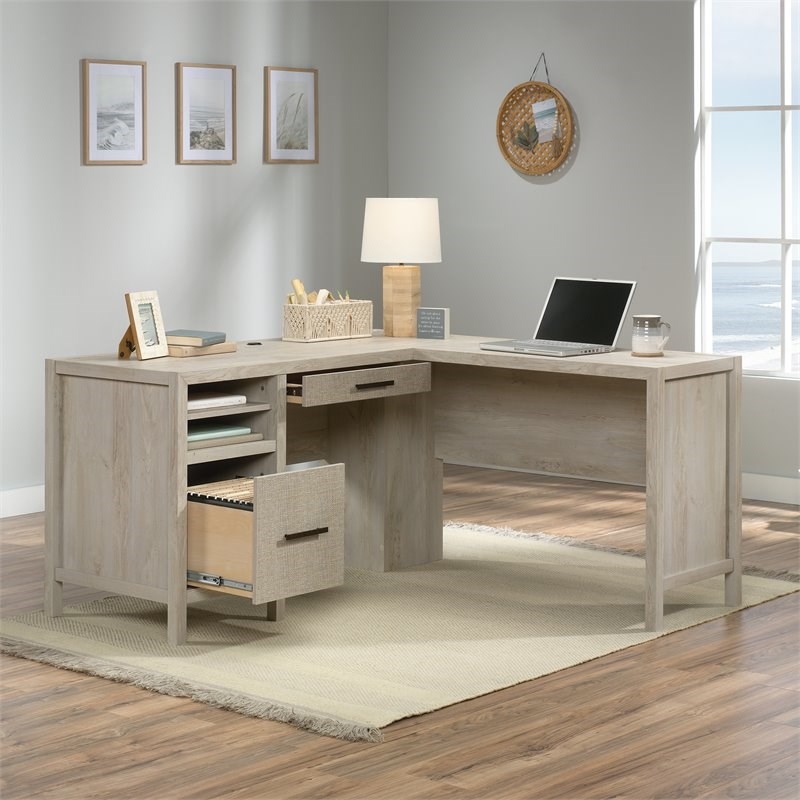 Sauder Pacific View Engineered Wood L-Shaped Desk in Chalked Chestnut