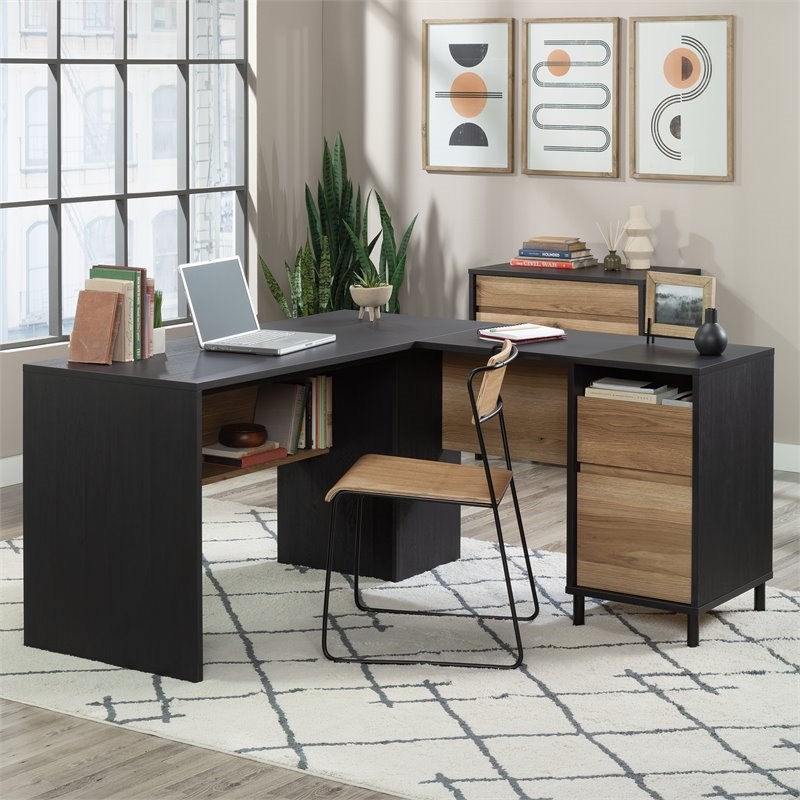 Sauder Acadia Way L-Shaped Desk in Raven Oak with Timber Oak accents