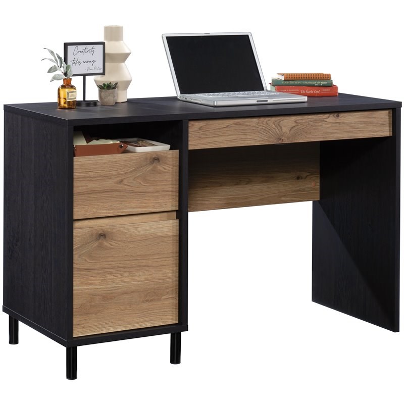 Sauder Acadia Way Single Pedestal Desk in Raven Oak with Timber Oak accents