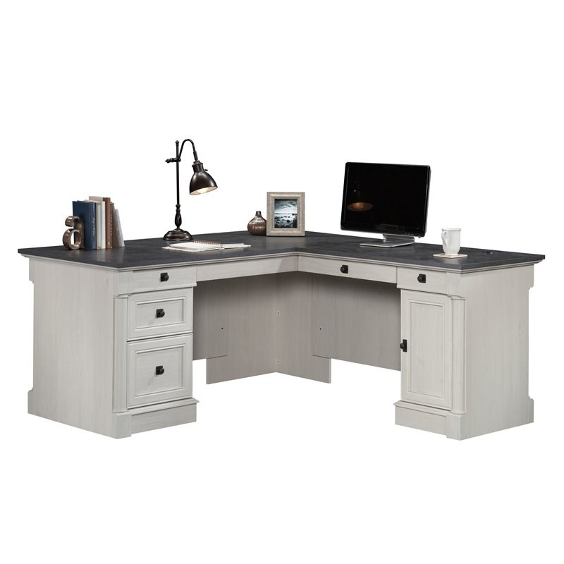 Sauder Palladia Engineered Wood L-Shaped Desk in Glacier Oak/Rosso Slate Accents