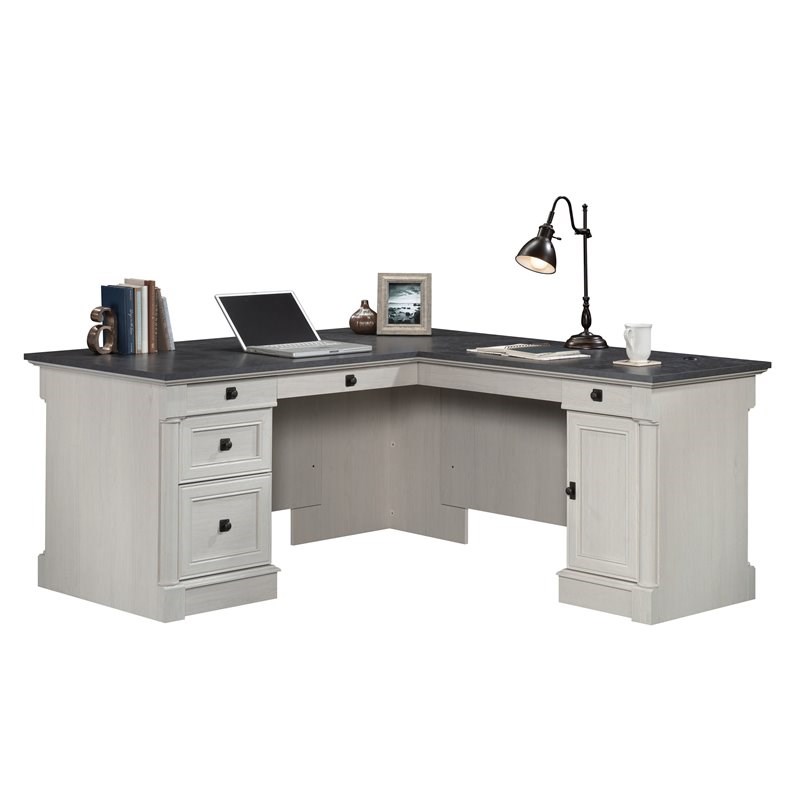 Sauder Palladia Engineered Wood L-Shaped Desk in Glacier Oak/Rosso Slate Accents