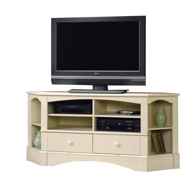 sauder harbor view corner tv stand in antiqued white 402905