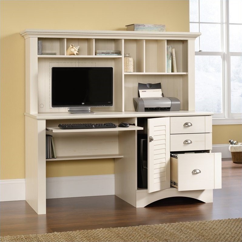 sauder harbor view computer desk with hutch in antiqued white 158034