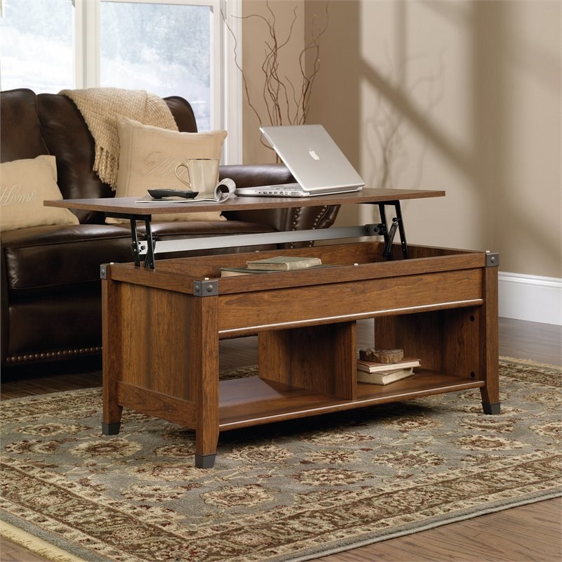 Sauder Carson Forge Lift-Top Wood and Metal Coffee Table in Washington Cherry