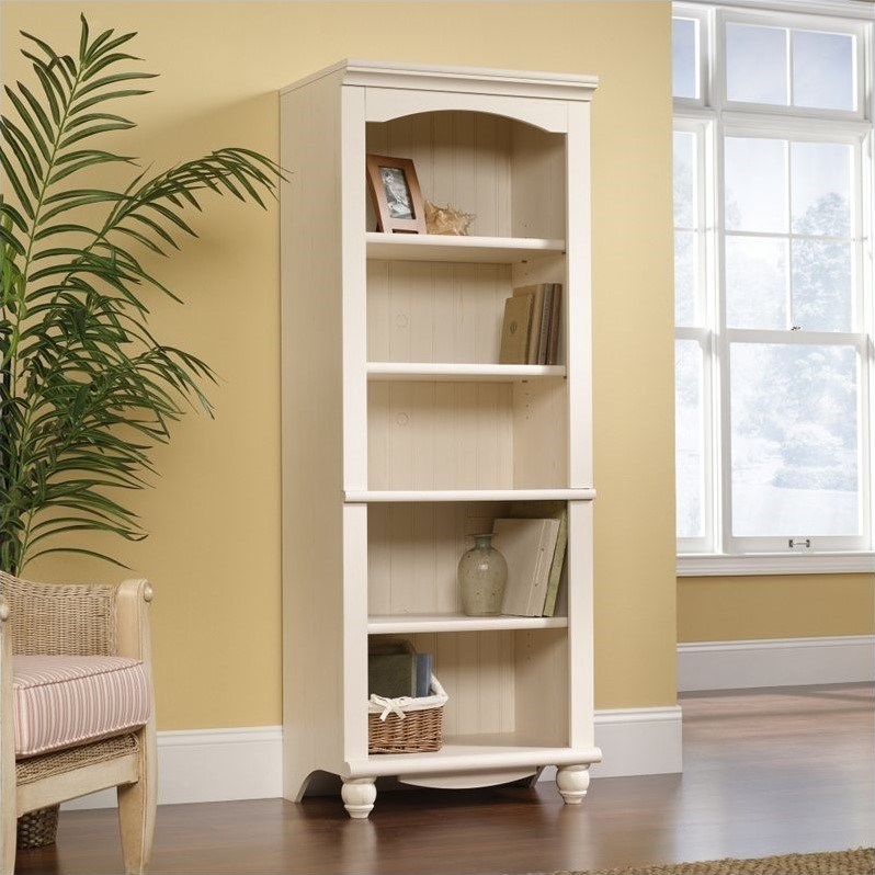 Sauder Harbor View Library 5 Shelf Bookcase in Antiqued White