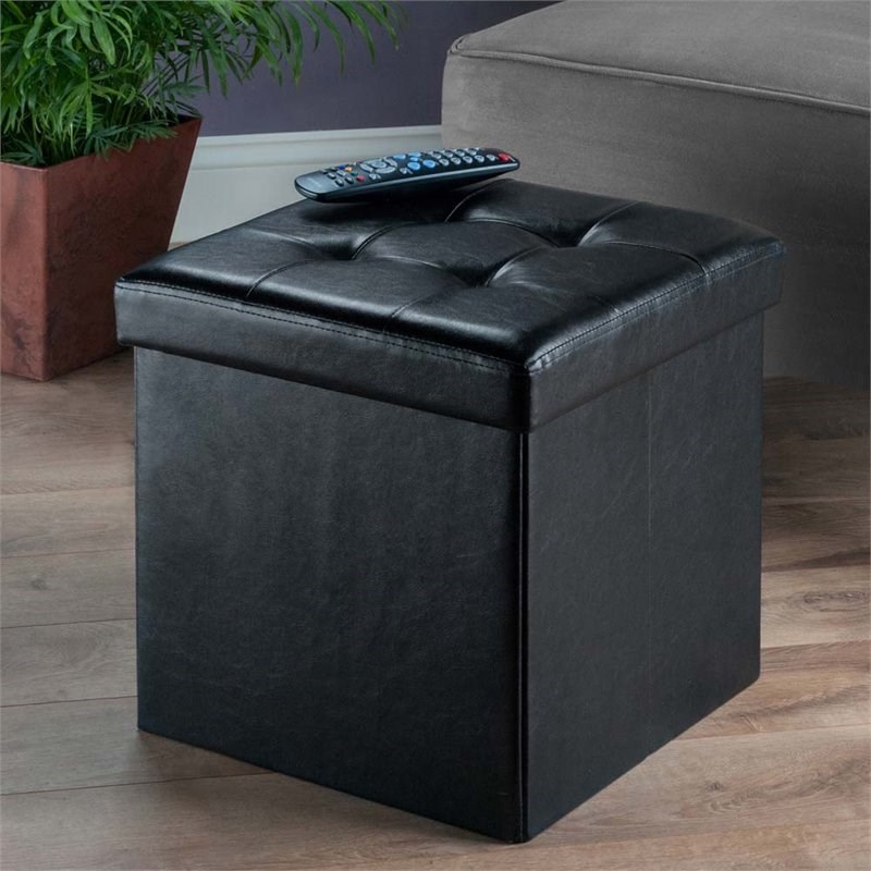 Winsome Ashford Faux Leather Storage Cube Ottoman in Black Homesquare