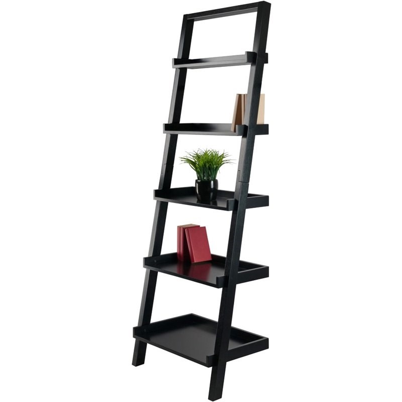 Winsome Bellamy 5 Shelf Transitional Solid Wood Leaning Bookcase in
