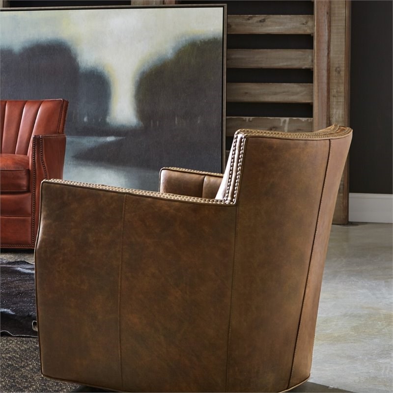 Hooker Furniture Carson Leather Swivel Club Chair in Tobacco Brown