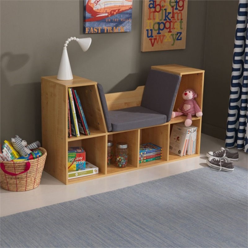 kidkraft 6 cubby bookcase with reading nook in natural - 14232