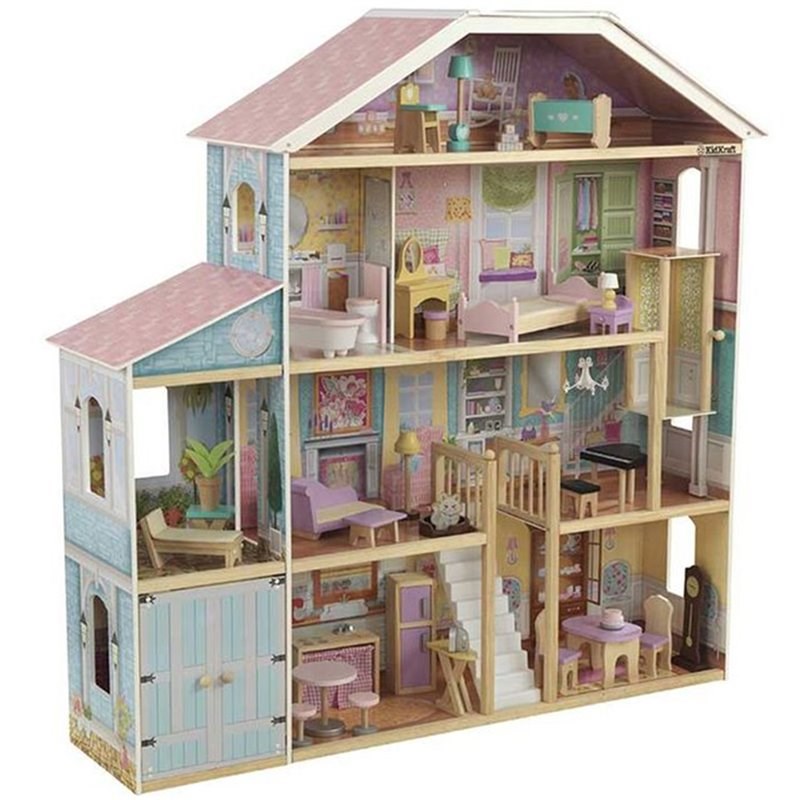KidKraft 34 Piece Grand View Mansion Dollhouse in Pink and Natural