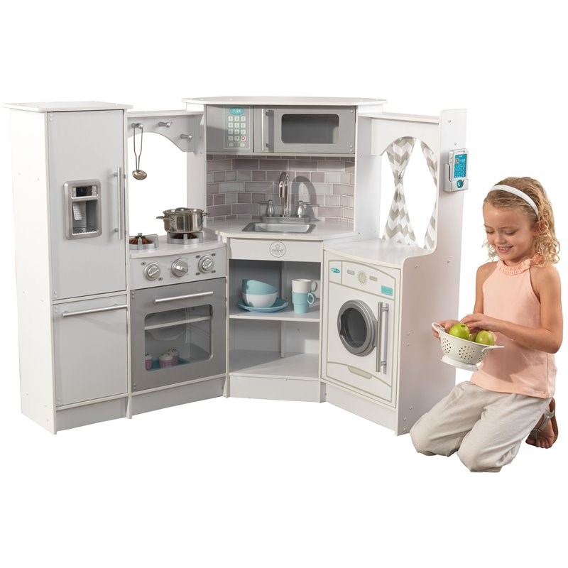 Kidkraft Ultimate Wooden Corner Play Kitchen with Lights and Sounds in White