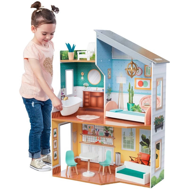 Kidkraft Emily 10 Piece Wooden Plastic Glam Dollhouse