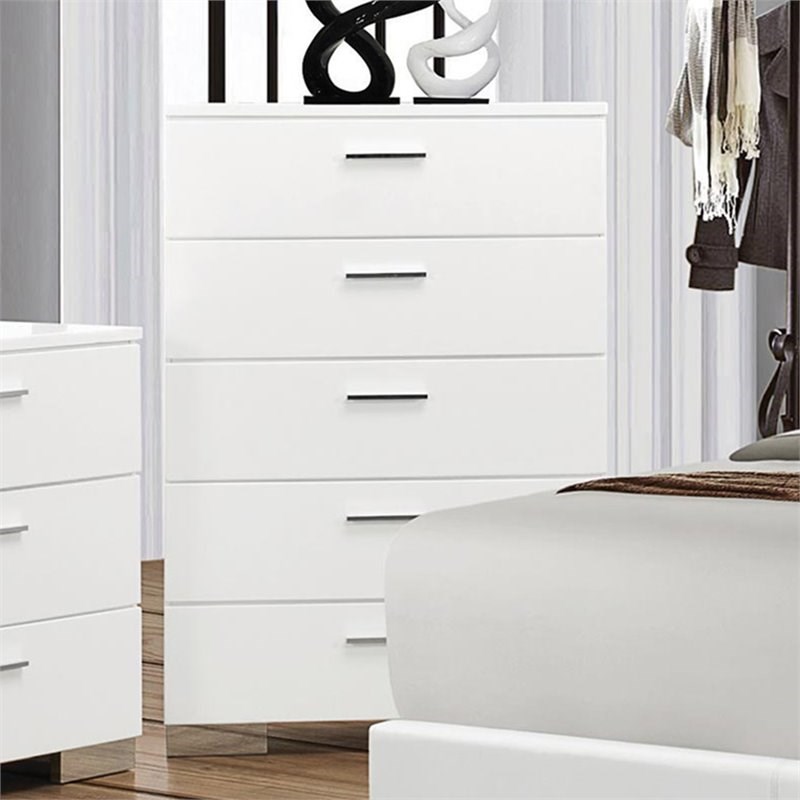 Coaster Felicity 5 Drawer Chest in Glossy White and Silver