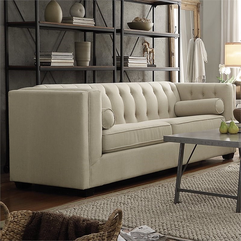 Coaster Cairns Tufted Fabric Sofa with Tuxedo Arms in Oatmeal Homesquare