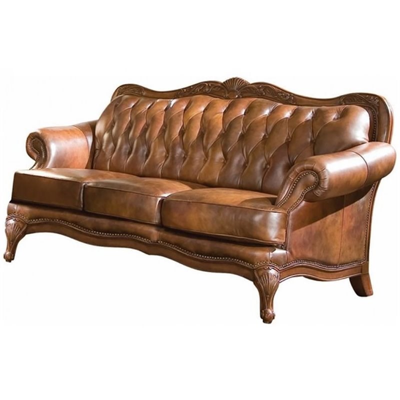 Coaster Victoria Leather Tufted Sofa with Rolled Arms in Warm Brown