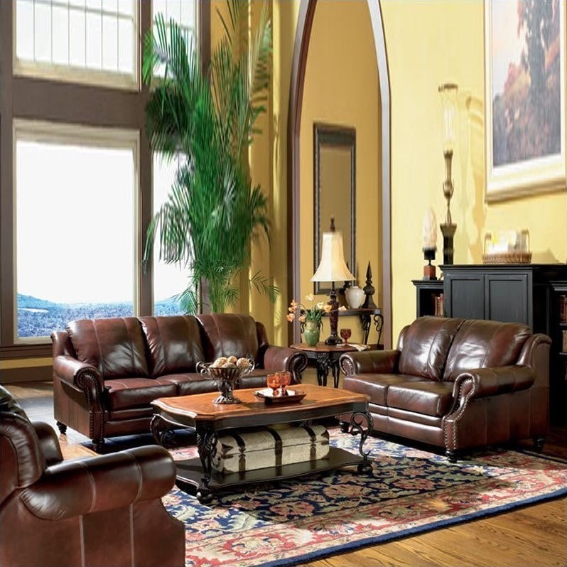 Coaster Princeton 3 Piece Leather Sofa Living Room Set in Burgundy