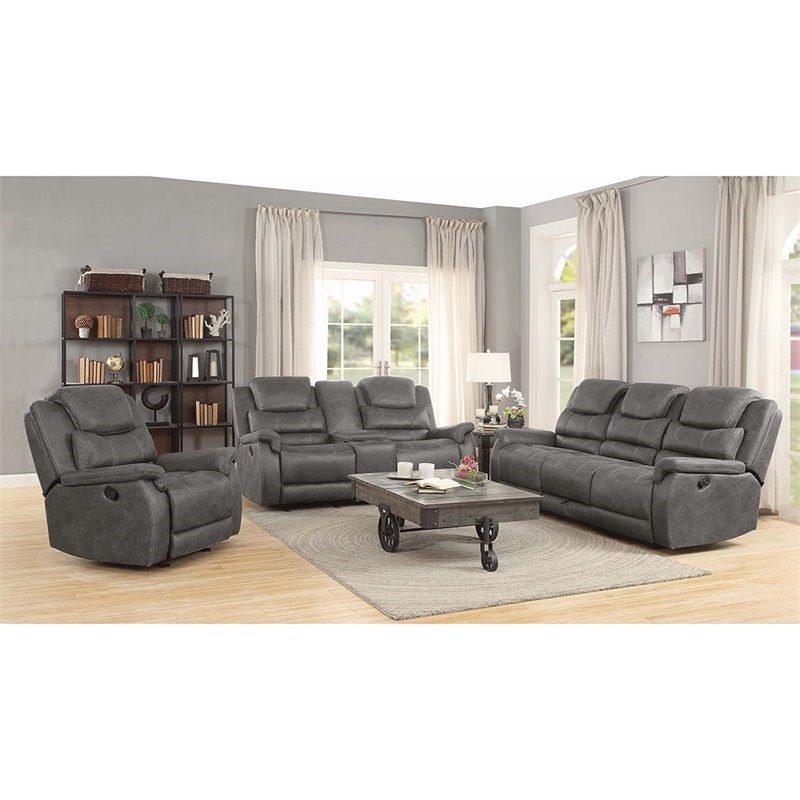 Coaster Wyatt Faux Leather Glider Reclining Loveseat with Console in Gray