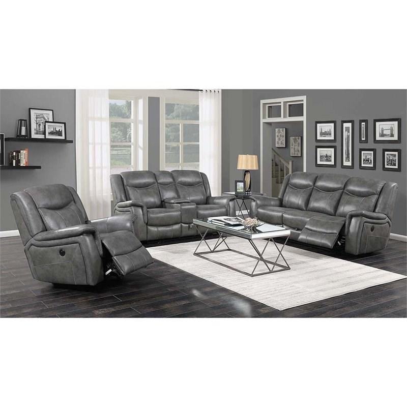 Coaster Conrad Faux Leather Power Reclining Loveseat in Cool Gray