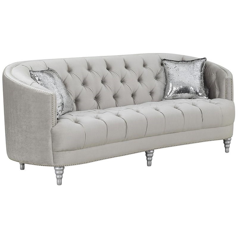 Coaster Avonlea 2 Piece Velvet Tufted Sofa Set in Gray and Silver
