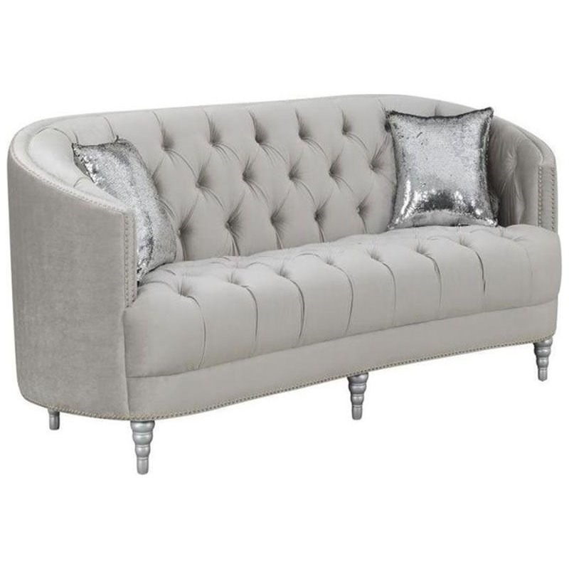 Coaster Avonlea 2 Piece Velvet Tufted Sofa Set in Gray and Silver
