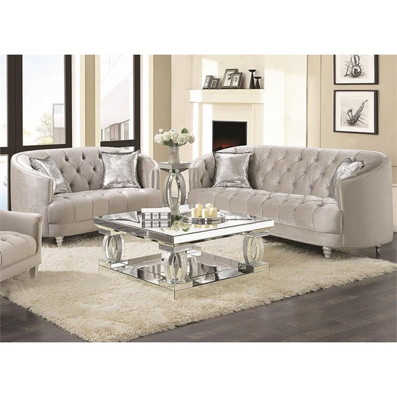 Coaster Avonlea 2 Piece Velvet Tufted Sofa Set in Gray and Silver