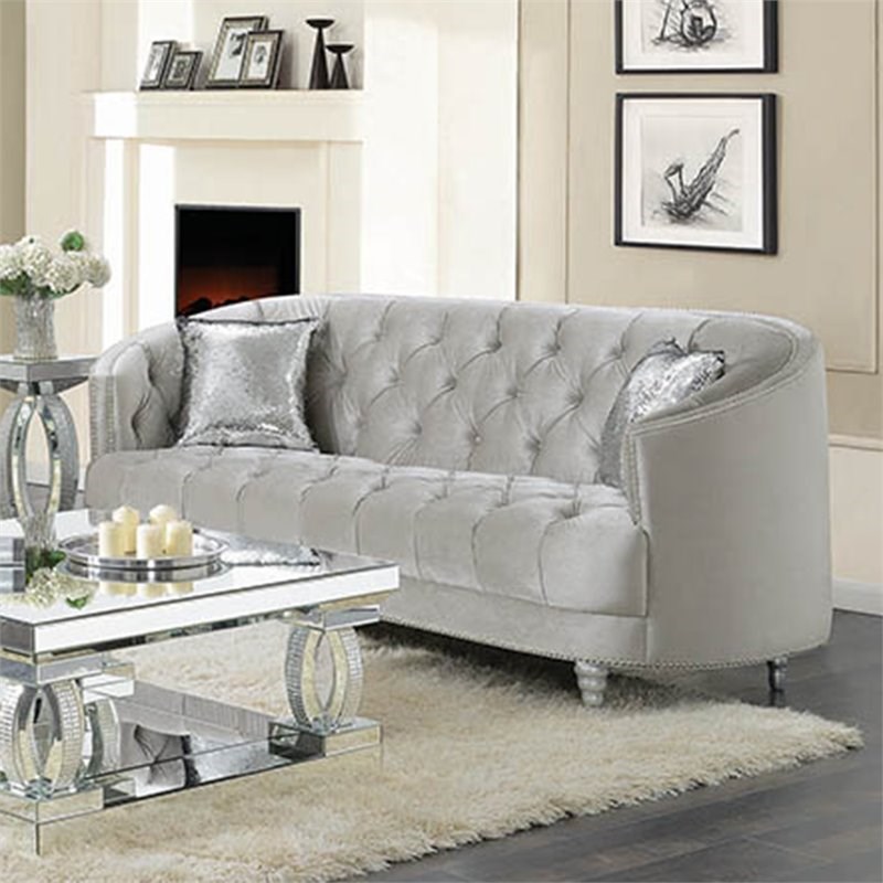 coaster avonlea velvet tufted sofa in gray and silver - 508461