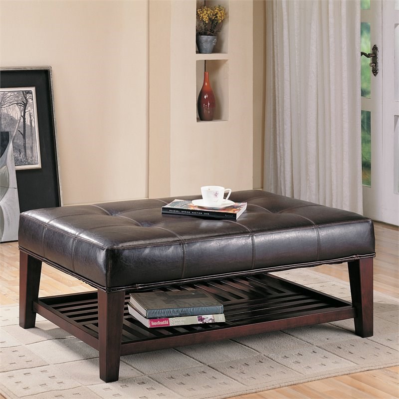 Coaster Faux Leather Coffee Table Ottoman in Brown and Cappuccino