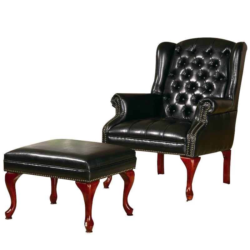 Coaster Wing Back Tufted Faux Leather Arm Chair and Ottoman in Black ...