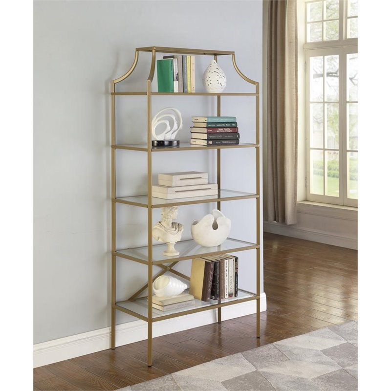 Coaster 5 Tier Tempered Glass Shelves Bookcase in Matte Gold
