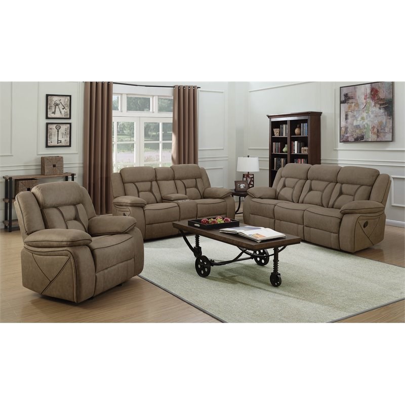 Coaster Higgins Contemporary Pillow Top Arm Upholstered Motion Sofa in Tan