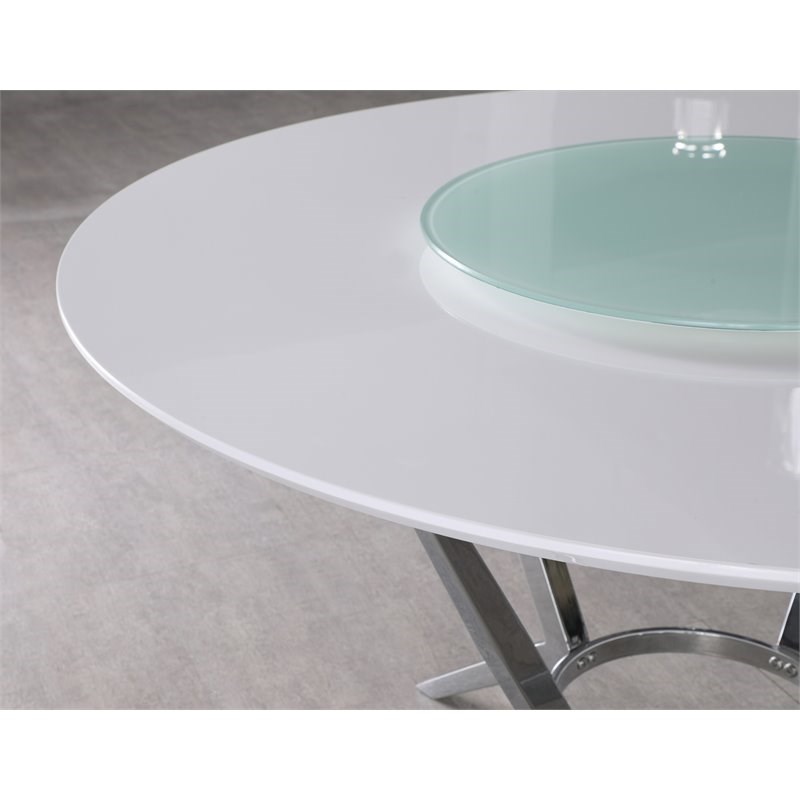 Coaster Abby Round Dining Table with Lazy Susan in White and Chrome