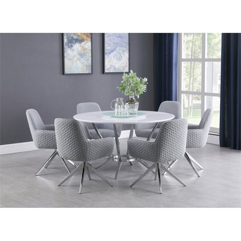 Coaster Abby Round Dining Table with Lazy Susan in White and Chrome