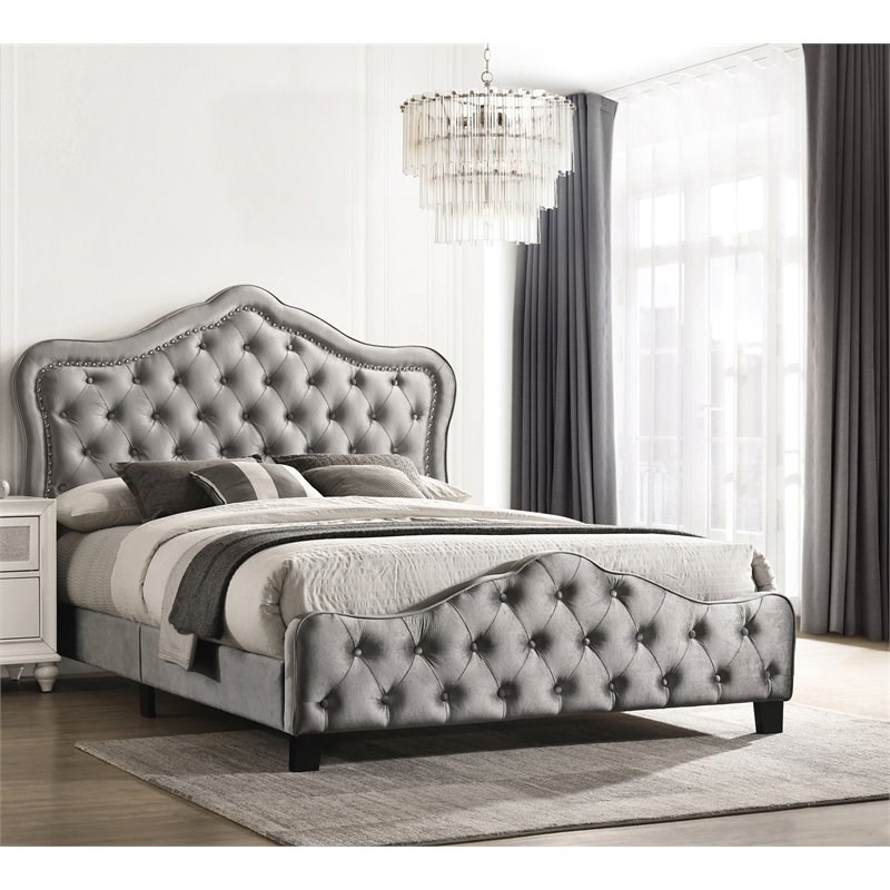 Bella Upholstered Tufted California King Panel Bed in Gray