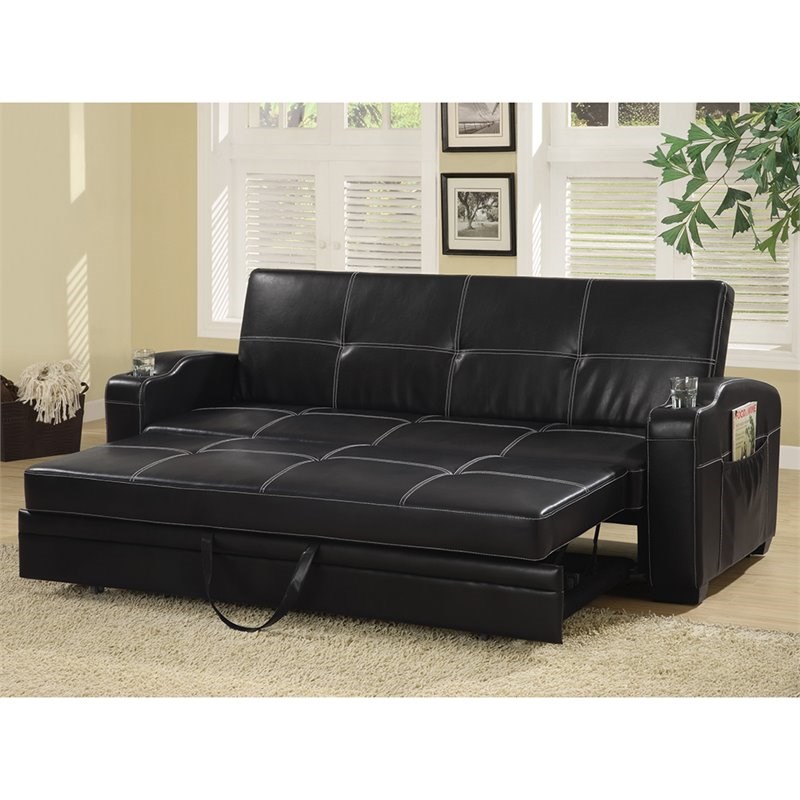 Coaster Faux Leather Storage Pocket Sleeper Sofa in Black | Homesquare