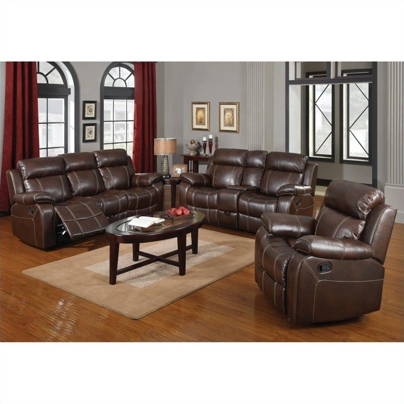 Coaster Myleene Leather 3 Piece Reclining Leather Sofa Set in Brown