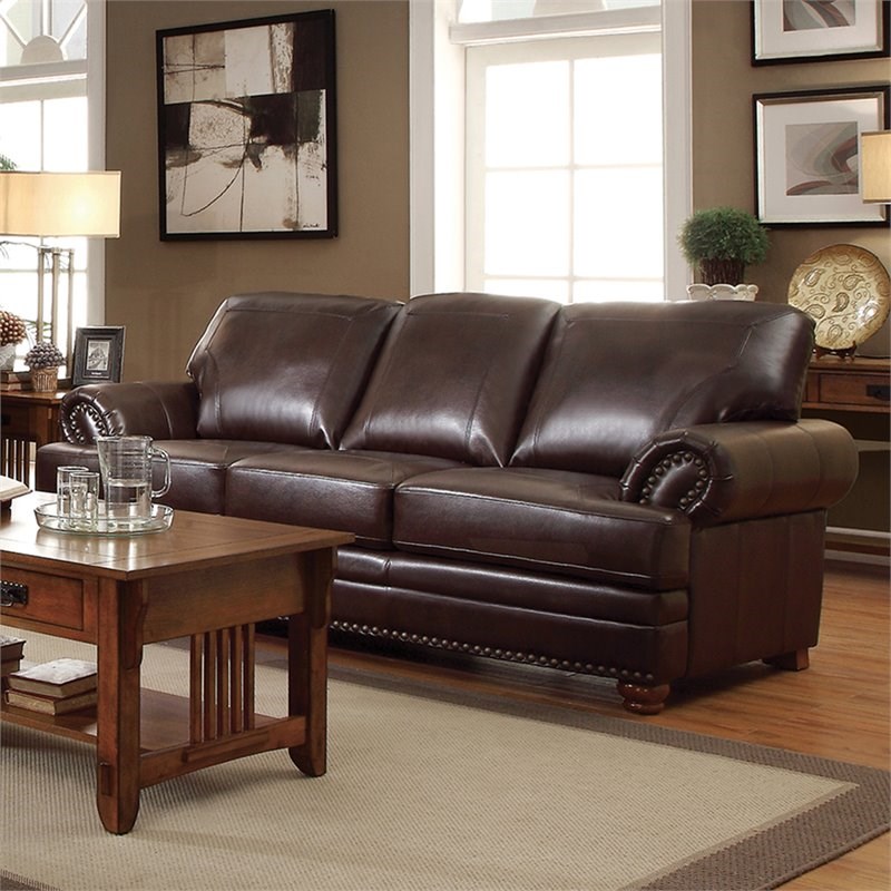Coaster Colton Faux Leather Sofa with Rolled Arms in Brown
