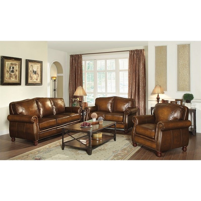 Coaster Montbrook 3 Piece Leather Sofa Set in Brown | Homesquare
