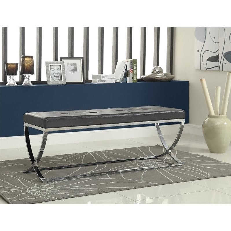 Coaster Tufted Faux Leather Contemporary Accent Bench in Gray and Chrome