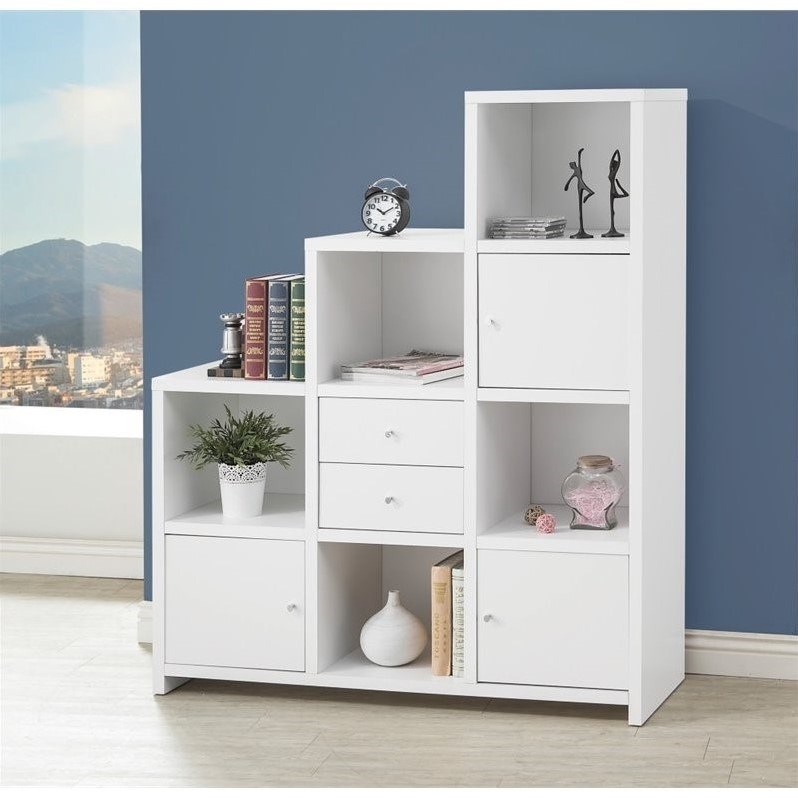 Coaster Asymmetrical Bookshelf with Cube Storage in White