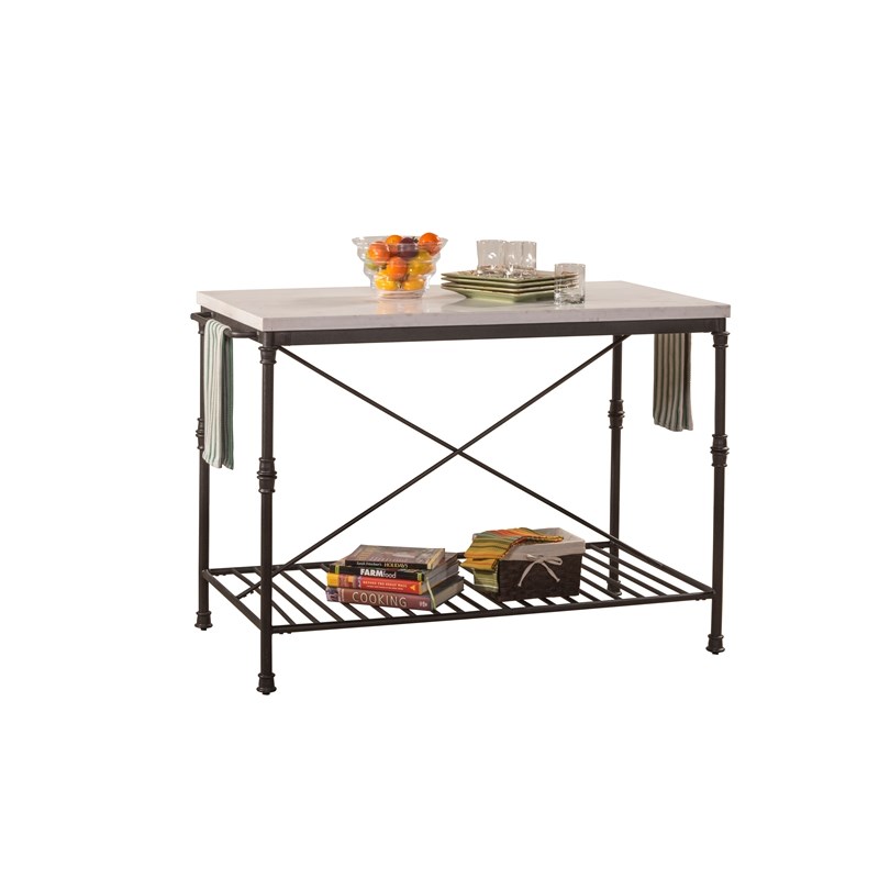 hillsdale castille metal kitchen island with white marble top in black