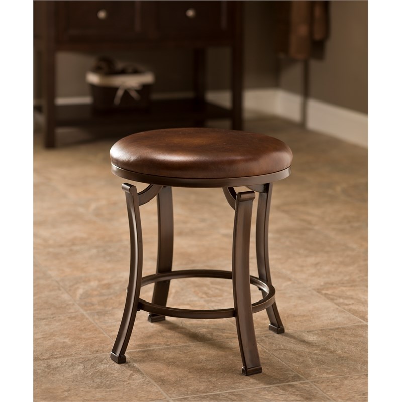 Hillsdale Hastings Faux Leather Backless Vanity Stool in Antique Bronze/Brown