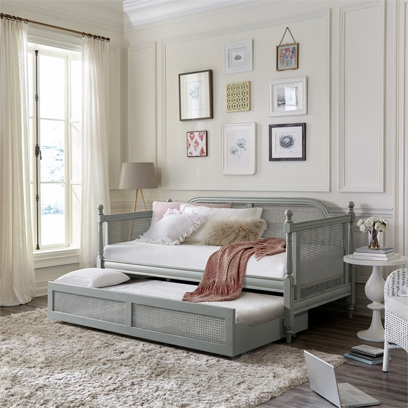 Hillsdale Furniture Melanie Wood and Cane Twin Daybed with Trundle French Gray