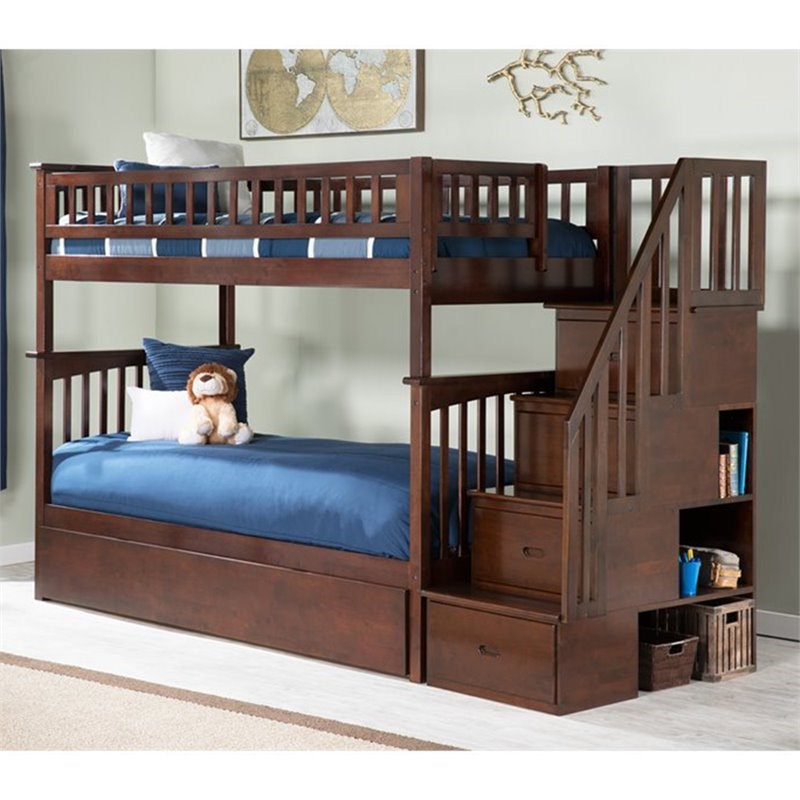 Atlantic Furniture Columbia Twin Over Twin Staircase Trundle Bunk Bed