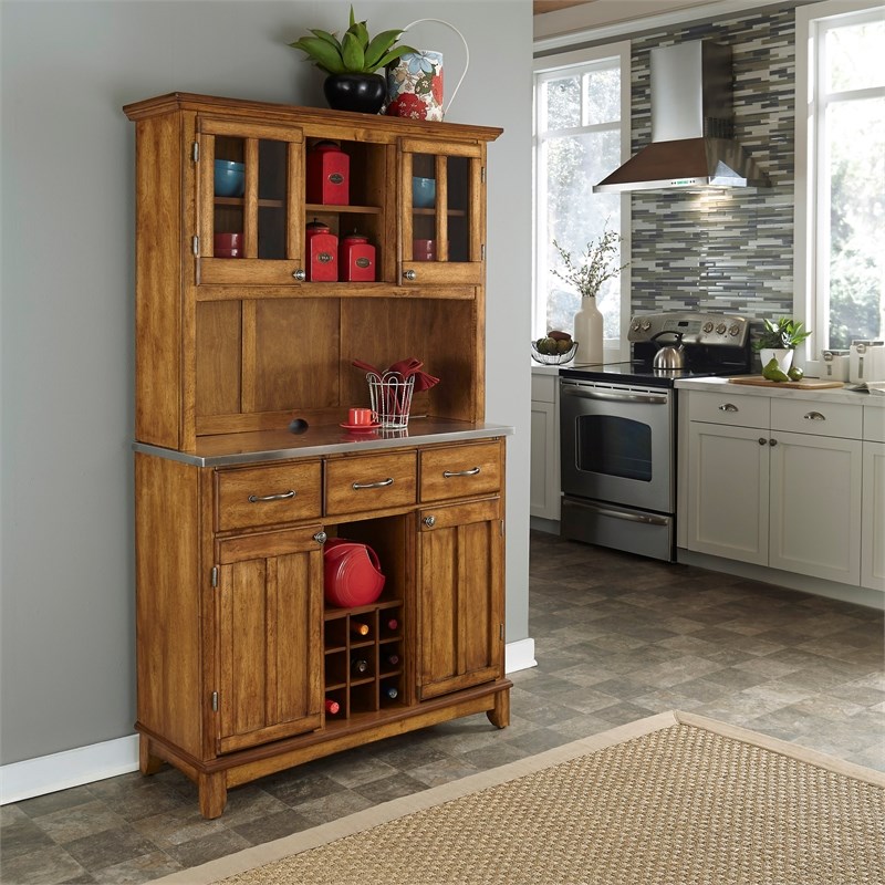 Homestyles Large Cottage Oak Buffet with 2-Door Hutch and Stainless Top