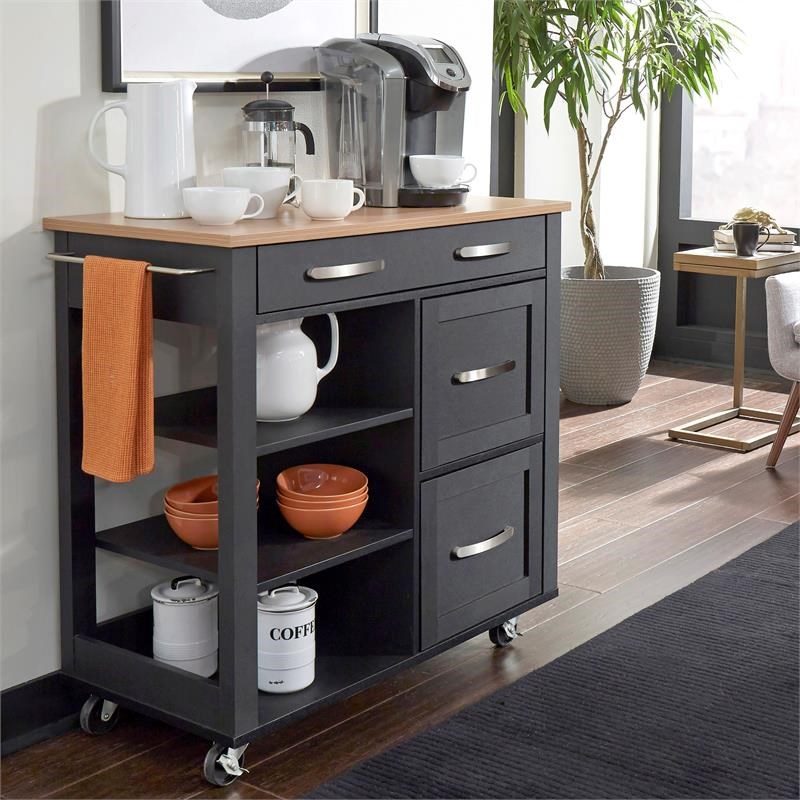 Homestyles Storage Plus Black Wood Kitchen Cart