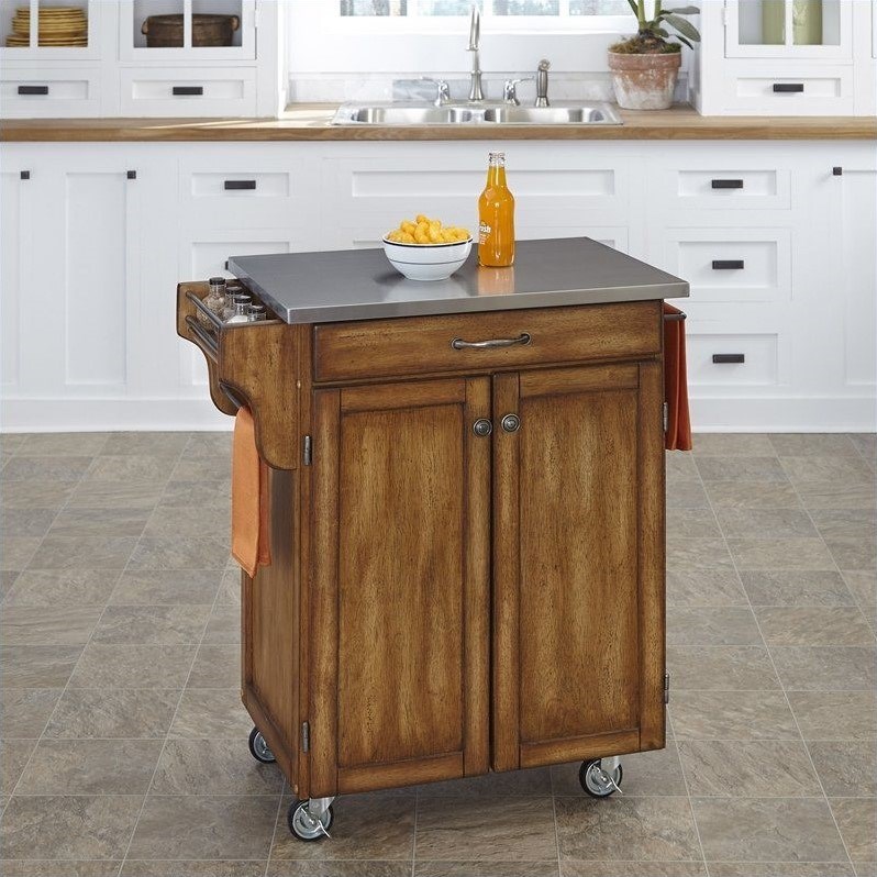 home styles cottage oak wood cart with stainless steel top 90010062